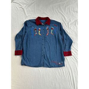 Karen Scott Happy Holidays 100% Cotton Denim Christmas Button Down Size 1X